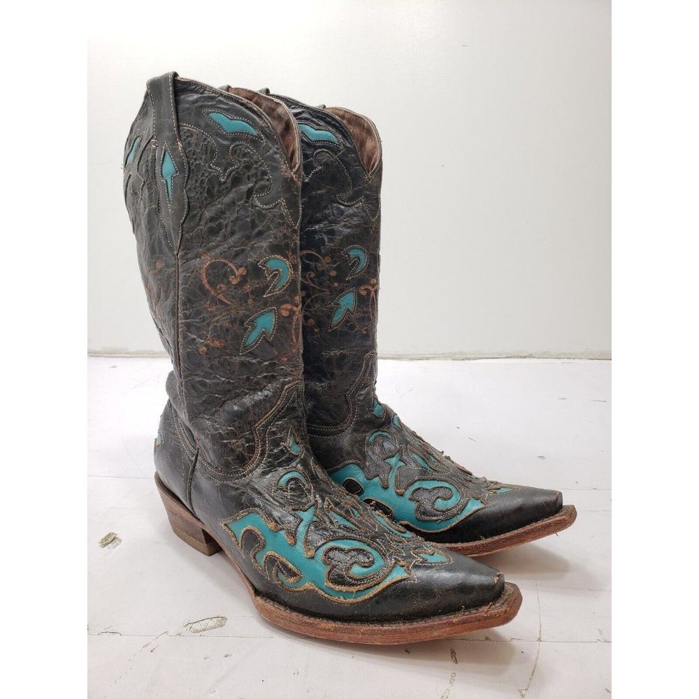 Pecos Bill Womens Boots Cowgirl Snip Toe Leather Brown Turquoise Inlay 7.5 B
